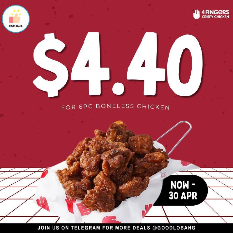 6pc boneless chicken for $4.40 at 4Fingers